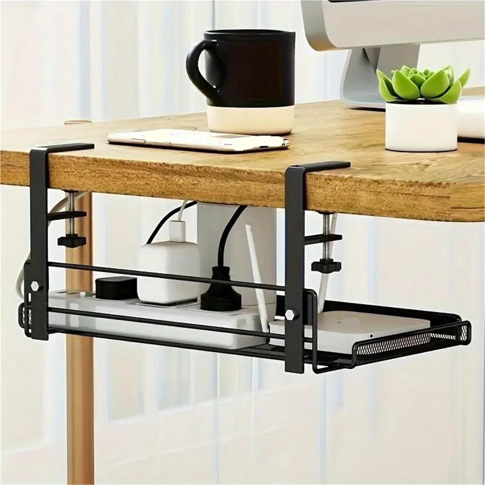 Bandeja Gestion Cables Bandeja de gestión cables debajo del escritorio con estante almacenamiento, sin perforaciones, adecuada for organización oficina en casa, multifunción(Adjustable-L-black)