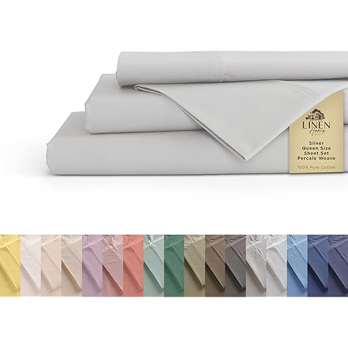 Linen Home 100% Cotton Percale Sheets Queen Size, Silver, Deep Pocket, 4 Pieces Set - 1 Flat, 1 Deep Pocket Fitted Sheet and 2 Pillowcases, Crisp Cool and Strong Bed Linen