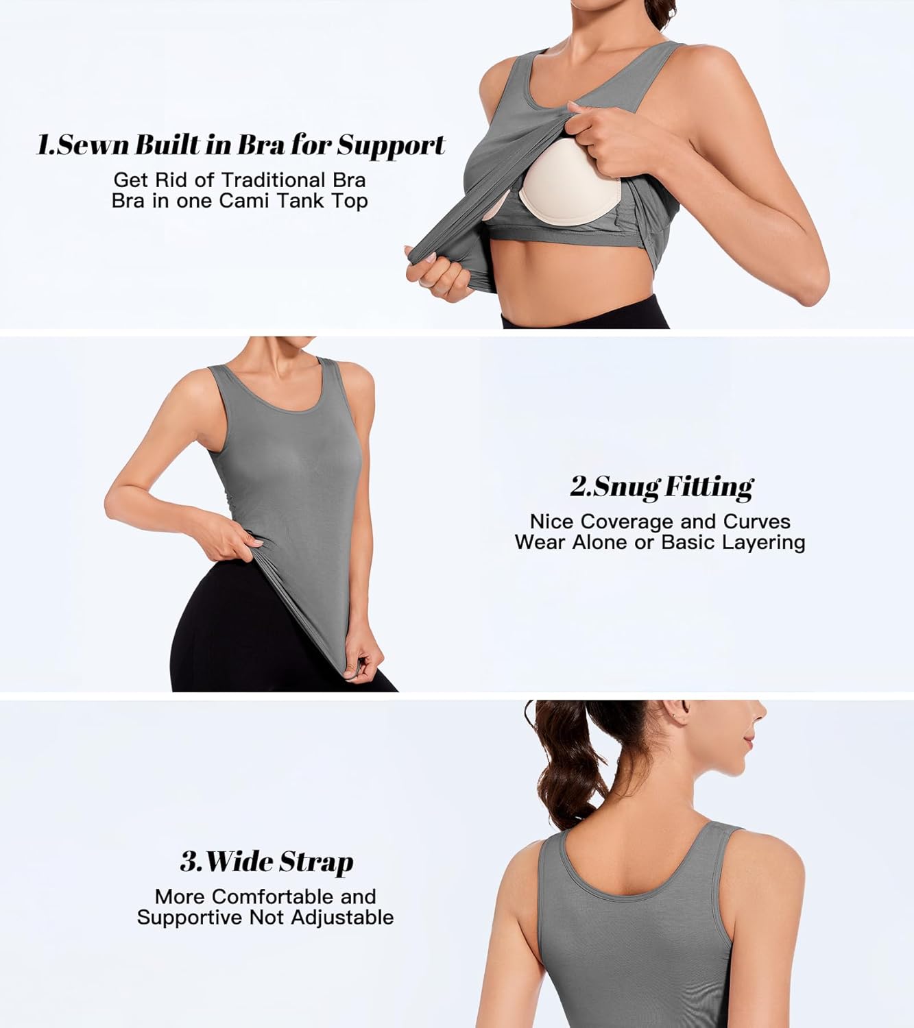 Tank Top with Built in Bra Cup for Women Casual Wide Strap Sleevless Layer Camisole Yoga Top Pack S-3XL - Image 4