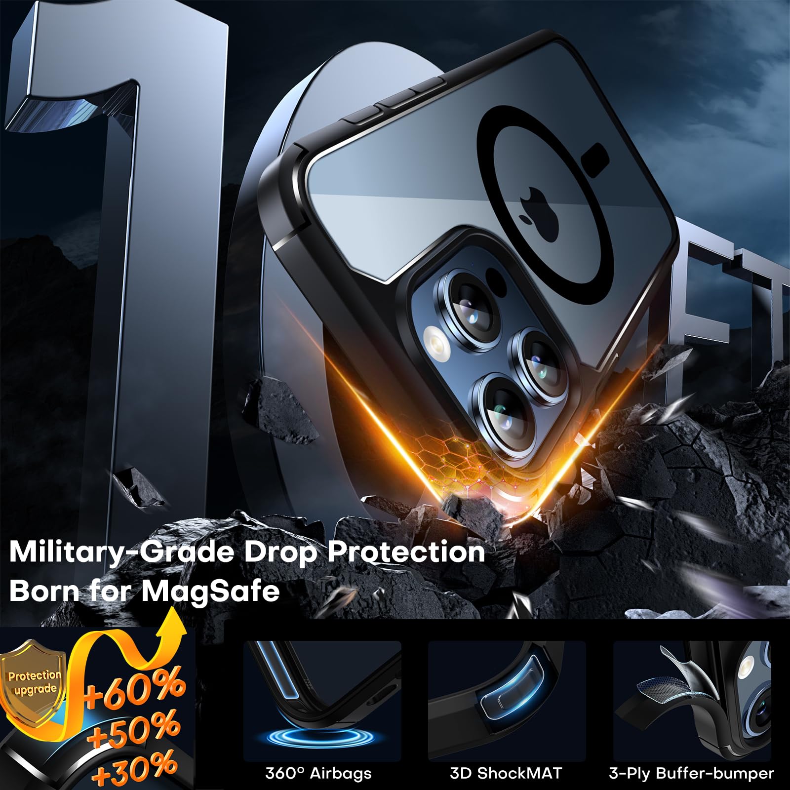 TAURI 3 in 1 Cover Magnetica per iPhone 15 Pro [Compatibile con MagSafe] con 2 Pellicola in Vetro Temperato, Custodia Rigida per Sottile Anticaduta - Nero