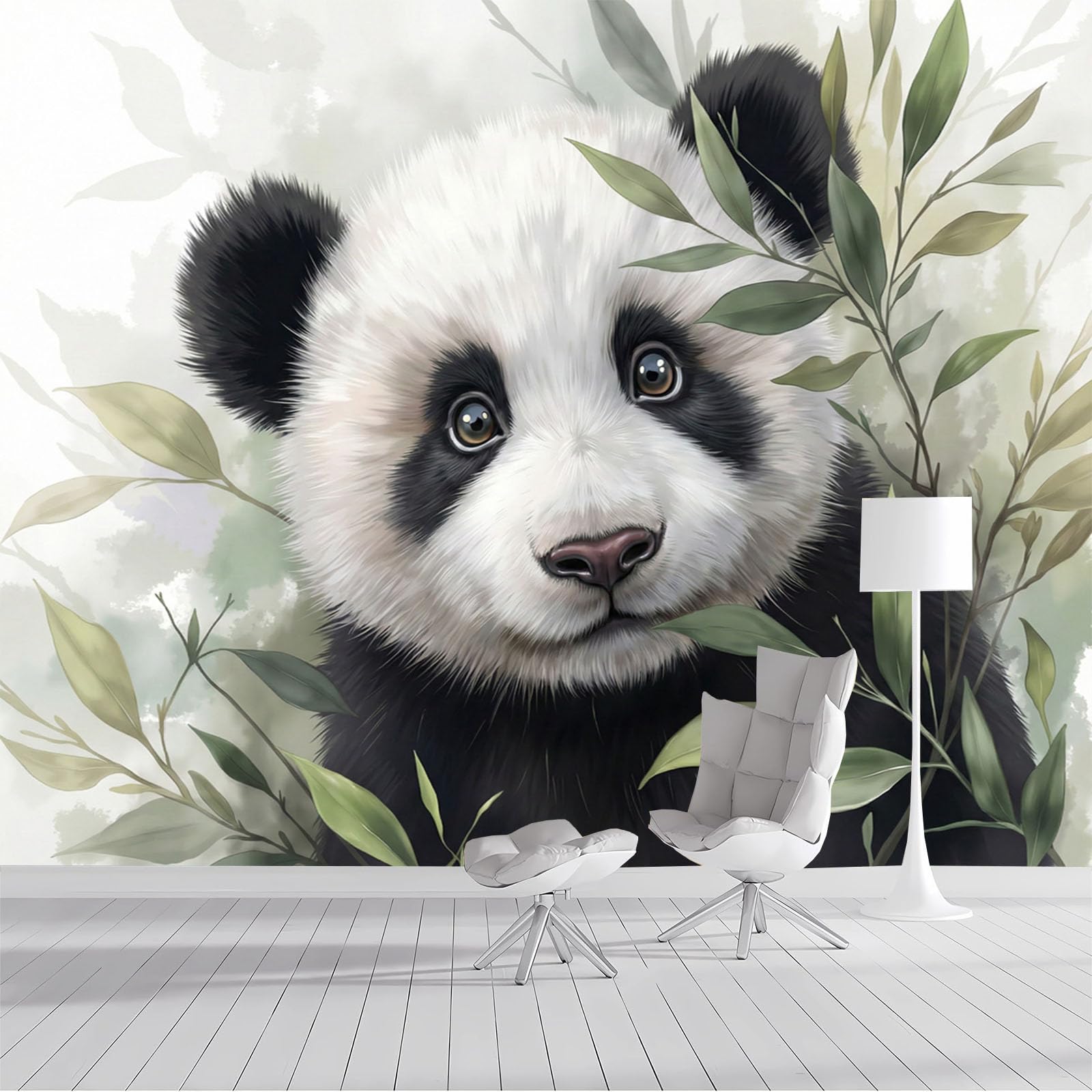 Papier peint panoramique photo poster 400x280cm feuilles de bambou aquarelle panda vert