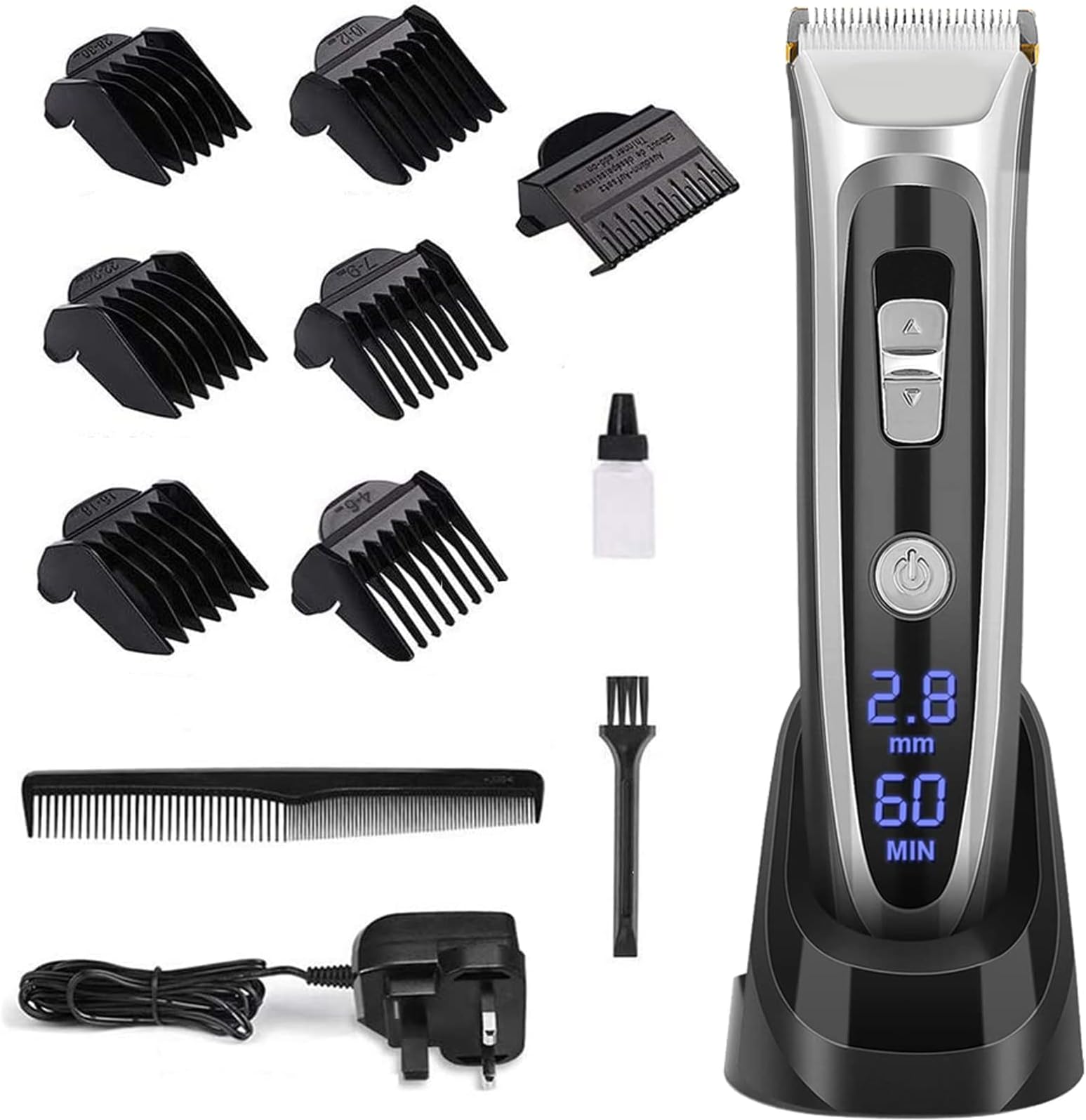 Cordless Hair Clipper Set, Professional Hair Clipper Beard Shaver, Rechargeable (charging 90min, running 60min), with Titanium Ceramic Blade, LED Display, IPX4 Waterproof, for Men, Kids and Family Use