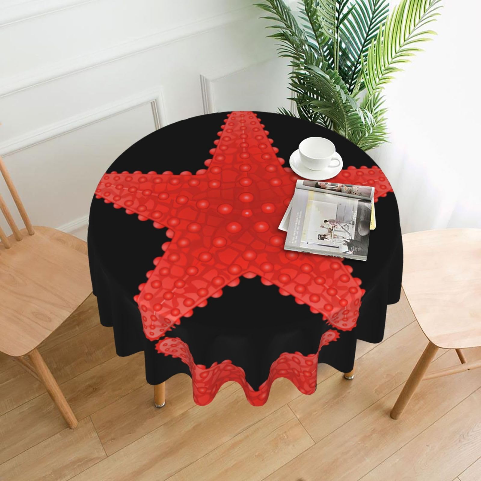 ZHAOUR Red Starfish Print Round Washable Tablecloth – Table Cover