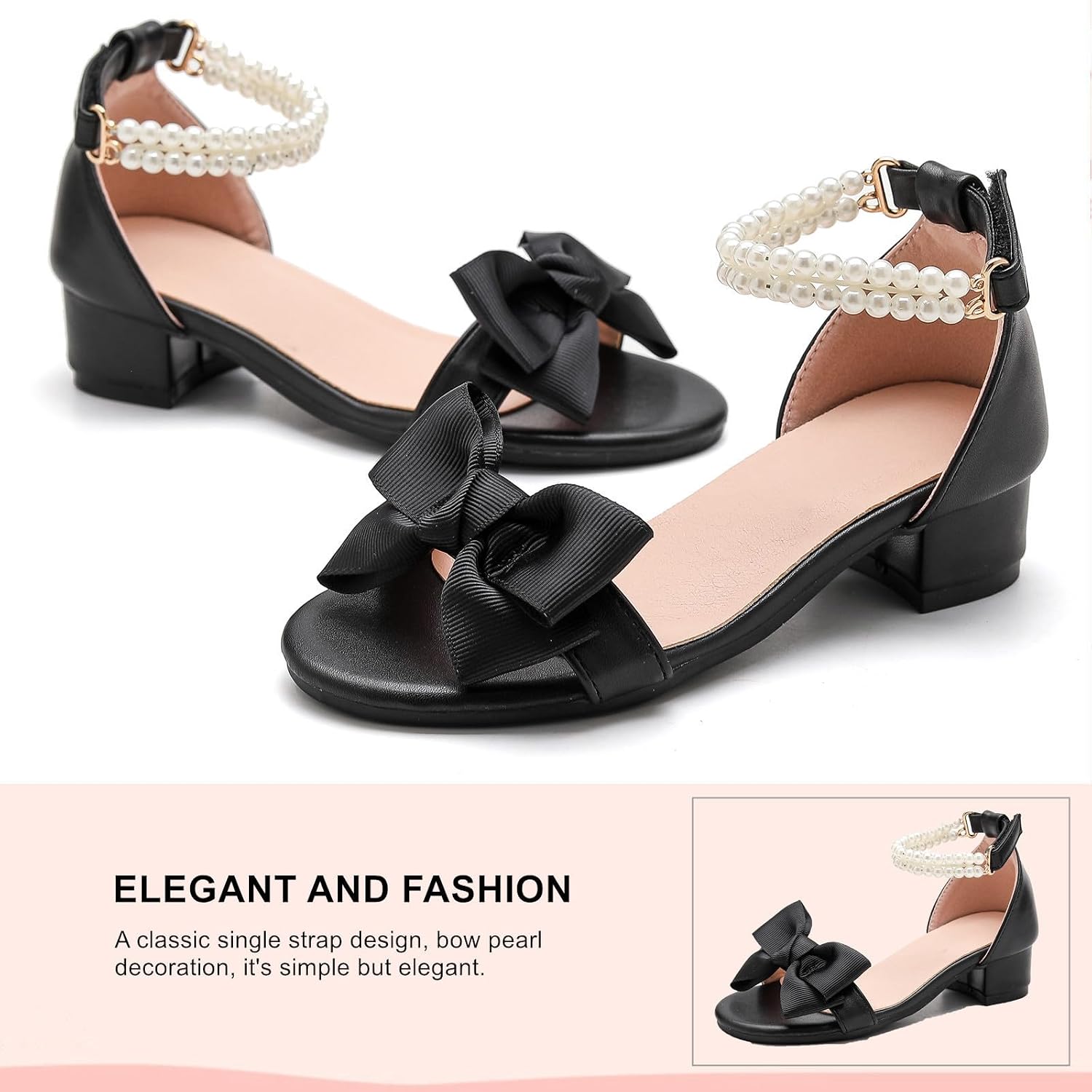 DADAWEN Girls Dress Shoes Sandals Chunky Low Heels Bow Pearl Ankle Strap Open Toe Flower Girl Wedding Party Shoes for Toddler Little Big Kid