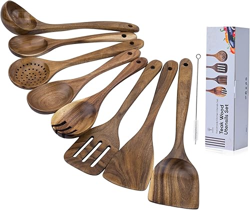 Miniatura 7 de Cucharas de madera para cocinar, juego de utensilios de cocina de madera de teca natural, utensilios de madera para cocinar, espátulas de madera