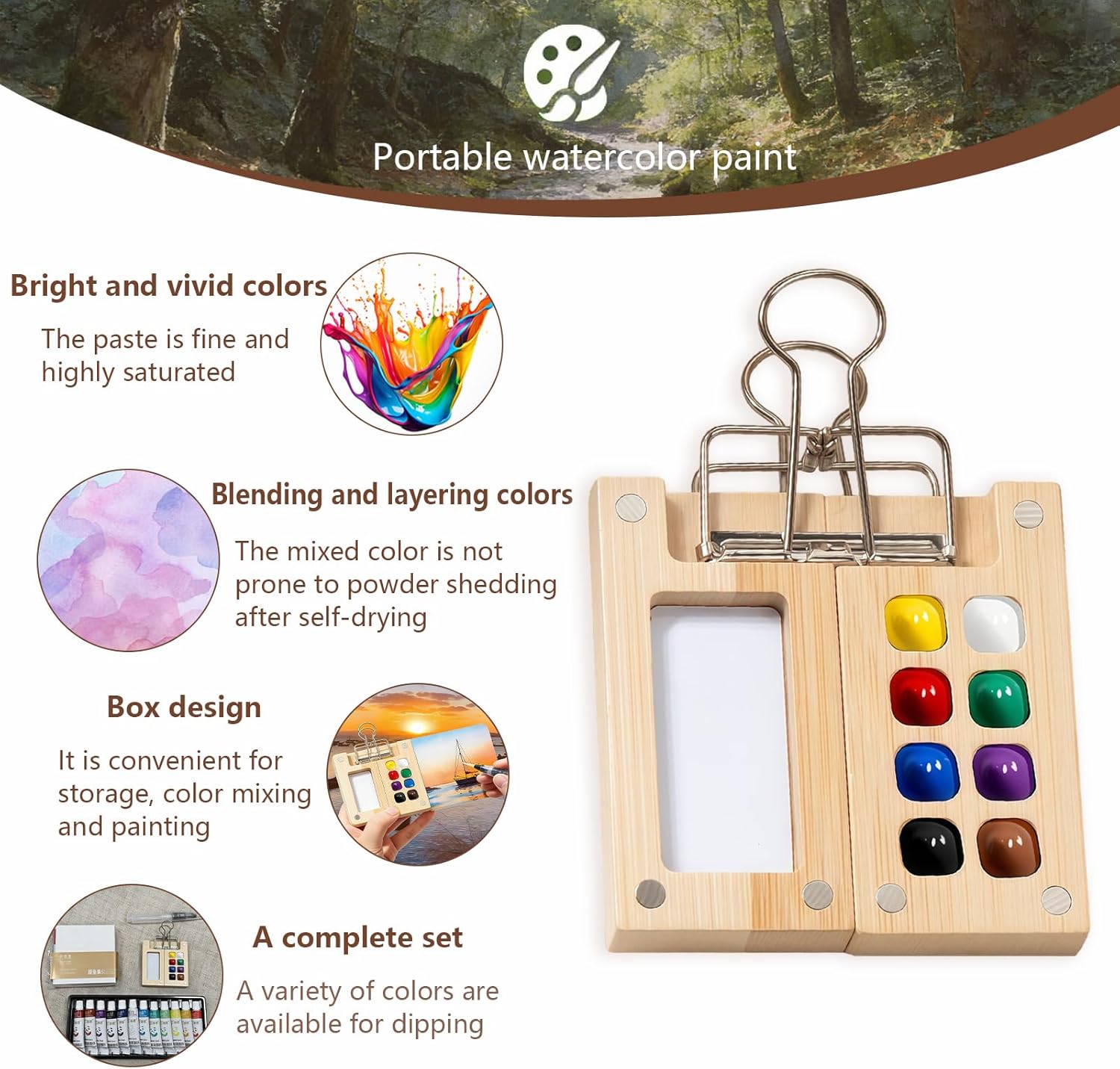 Mini Watercolor Paint Set Bamboo Travel Kit with Watercolor Palette Paintbrush Storage Bag and Water Storage Bottle Ready to Use Watercolor Sets for Artists and Beginners(8 Squares) - Image 3