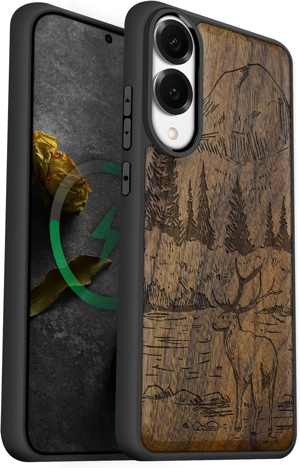 Samsung s25 Edge – Carveit Coque magnétique pour Galaxy S25 en bois, résistante aux chocs, compatible avec Samsung S25 Edge 5G (noyer-montagnes et cerf)