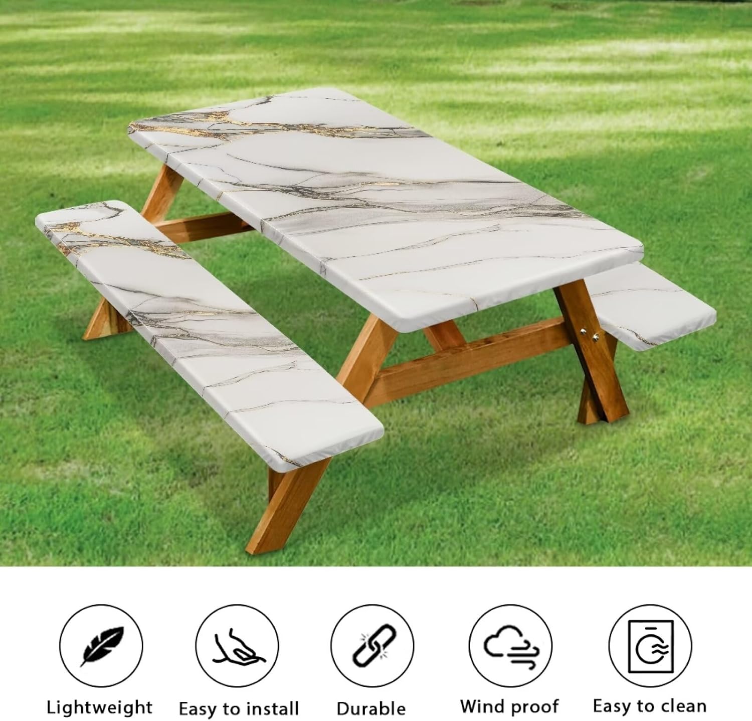 White Marble Picnic Table and Bench Fitted Tablecloth Covers Set 3 Pieces Windproof Camping Table Cover with Seat Covers Reusable Table Cover Camping Gear