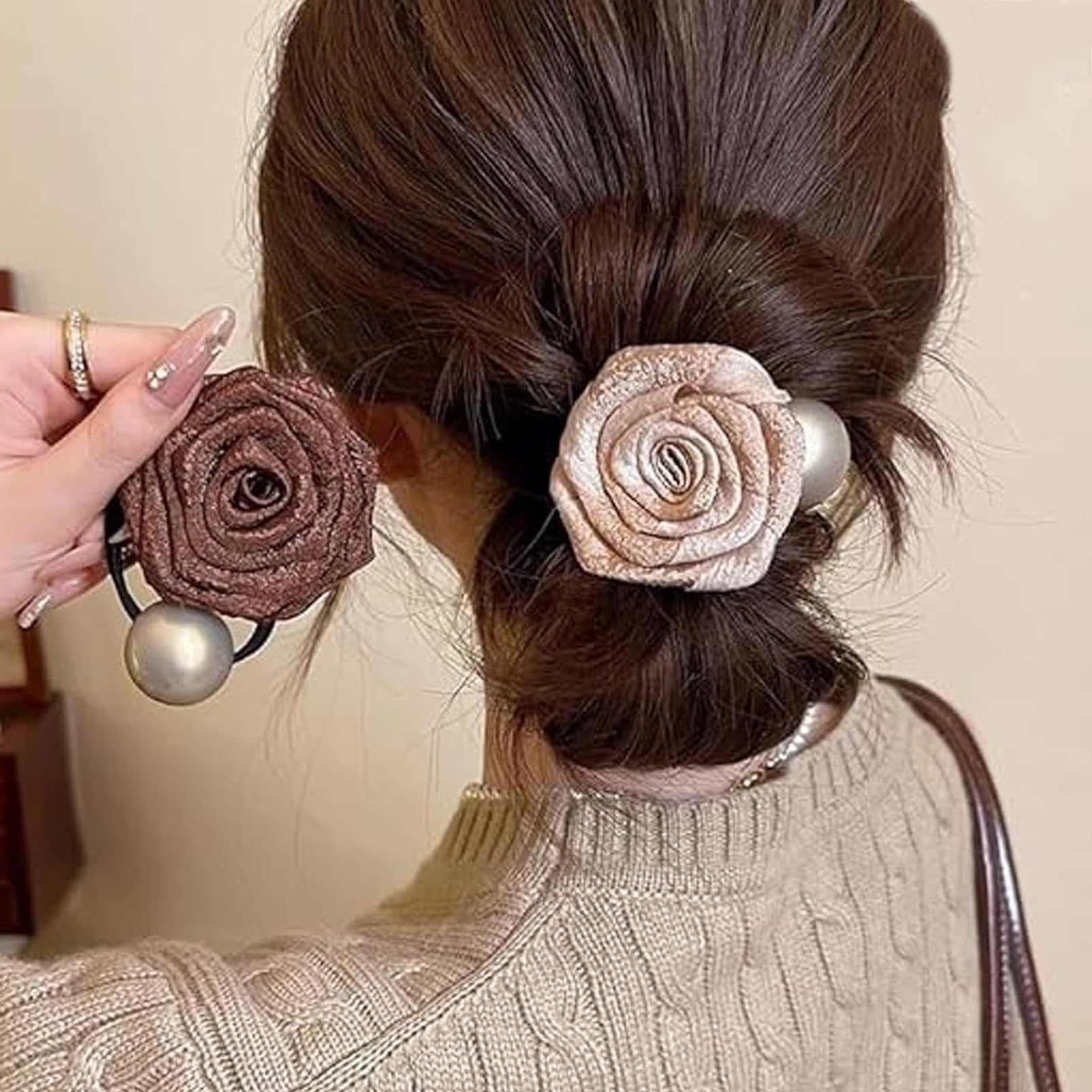 Melodio 2PCS Dried Rose Flower Hair Ties with Pearl, Elegant Scrunchies Ponytail Holders, Vintage Satin Rose Hair Elastics, Boho Floral Hair Accessories for Women Girls, No Damage Hair Bands for Thick Thin Hair, 2 Colors (Brown & Beige)-image-10