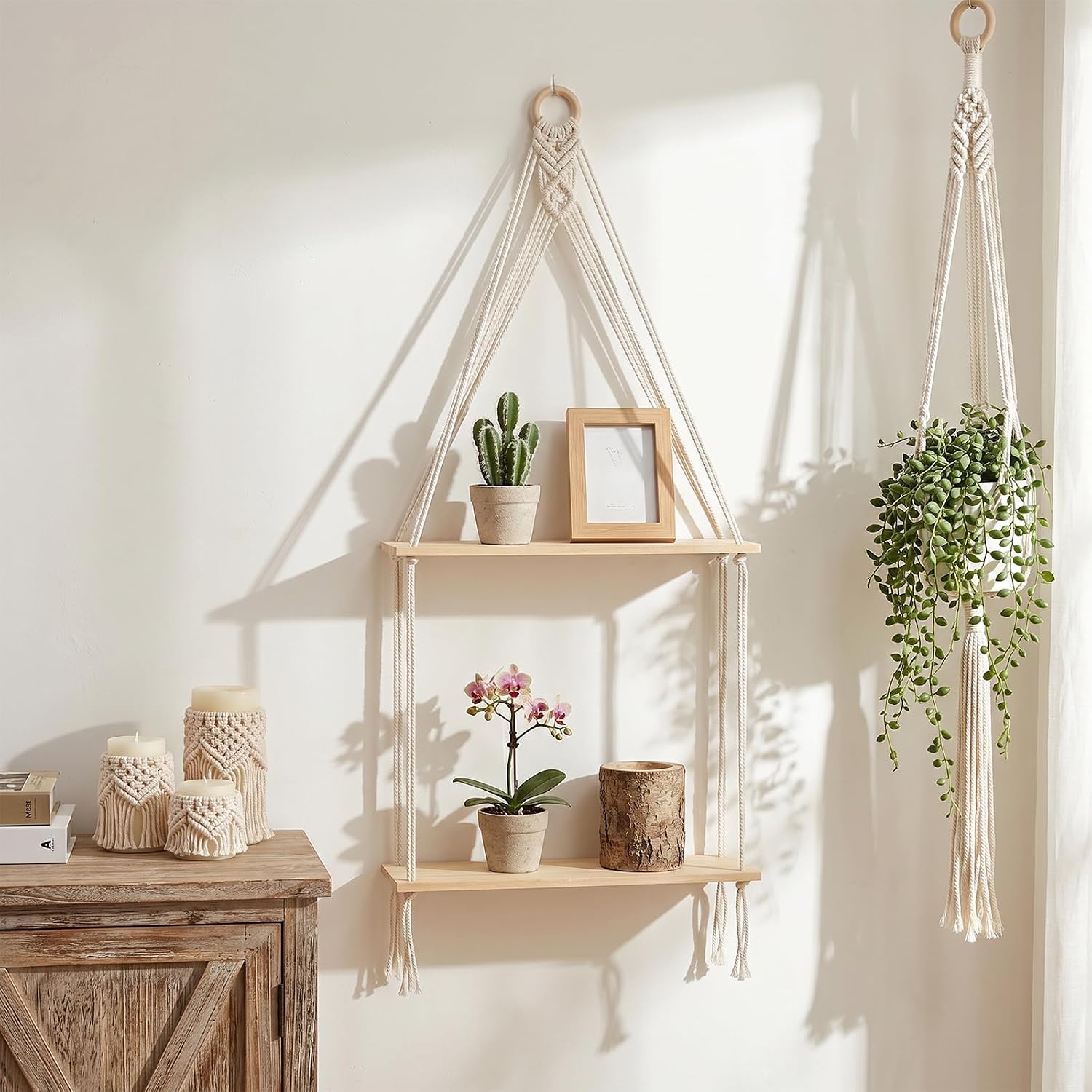 2 Pack Macrame Hanging Shelf, Boho Hanging Shelves, Rope Shelf, Handmade Cotton Wood Floating Display for Plants, Photos, Living Room, Bedroom, Bathroom, Beige