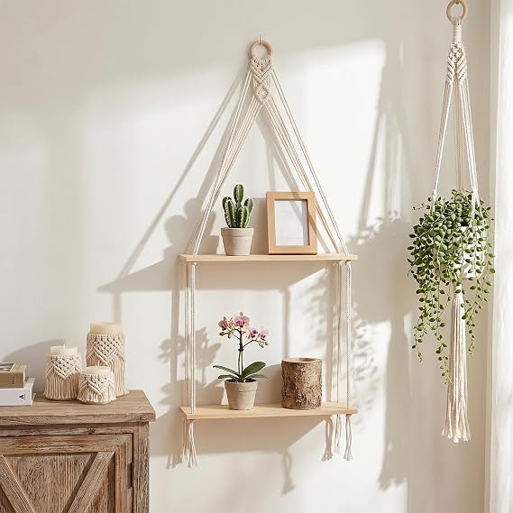 2 Pack Macrame Hanging Shelf, Boho Hanging Shelves, Rope Shelf, Handmade Cotton Wood Floating Display for Plants, Photos, Living Room, Bedroom, Bathroom, Beige