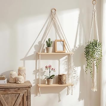 2 Pack Macrame Hanging Shelf, Boho Hanging Shelves, Rope Shelf, Handmade Cotton Wood Floating Display for Plants, Photos, Living Room, Bedroom, Bathroom, Beige