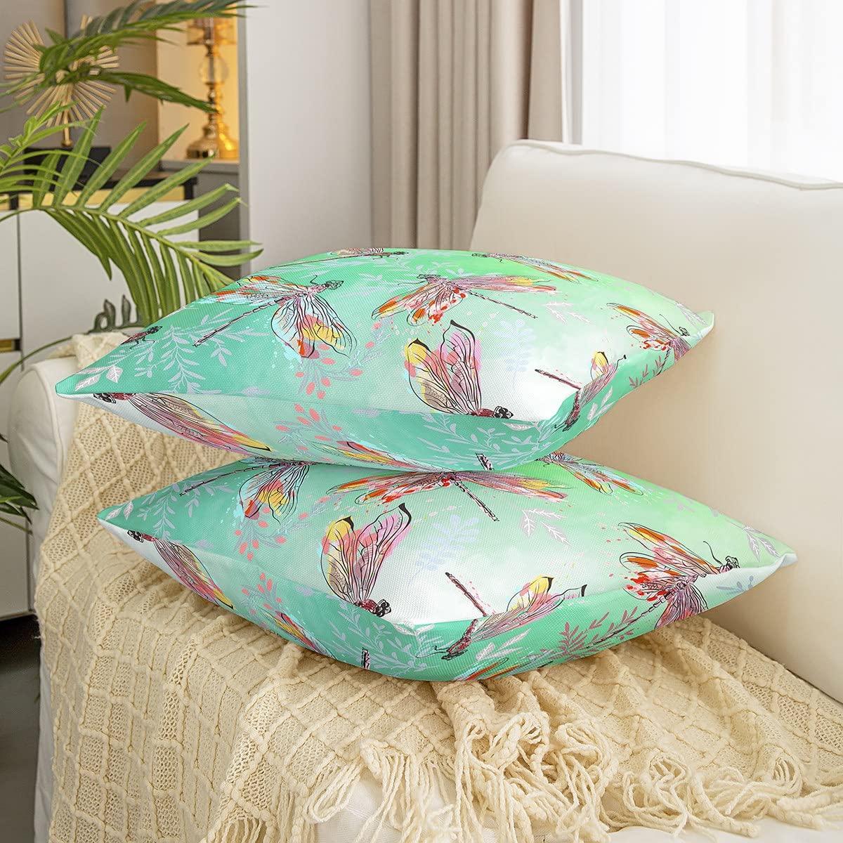 Loussiesd Federa per cuscino con libellula regalo per bambini per donne, federe decorative morbide fiori floreali per federe per cuscini rosa verde 40 x 40 cm