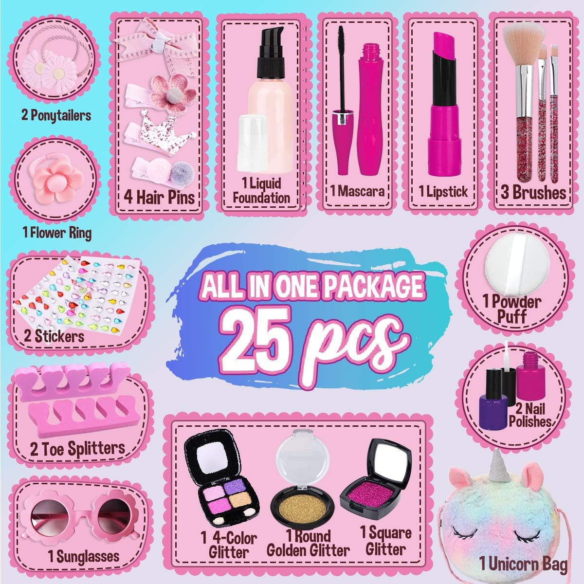 GraceDuck Makeup Kit Toys - Pretend Play Princess Make Up Set Unicorns Gifts for Girls with Nail Polish Brush Cosmetic Bag Little Girl Stuff Birthday Christmas for Kids Toddlers Ages 3 4 5 6 7 8 9 10 : Toys & Games