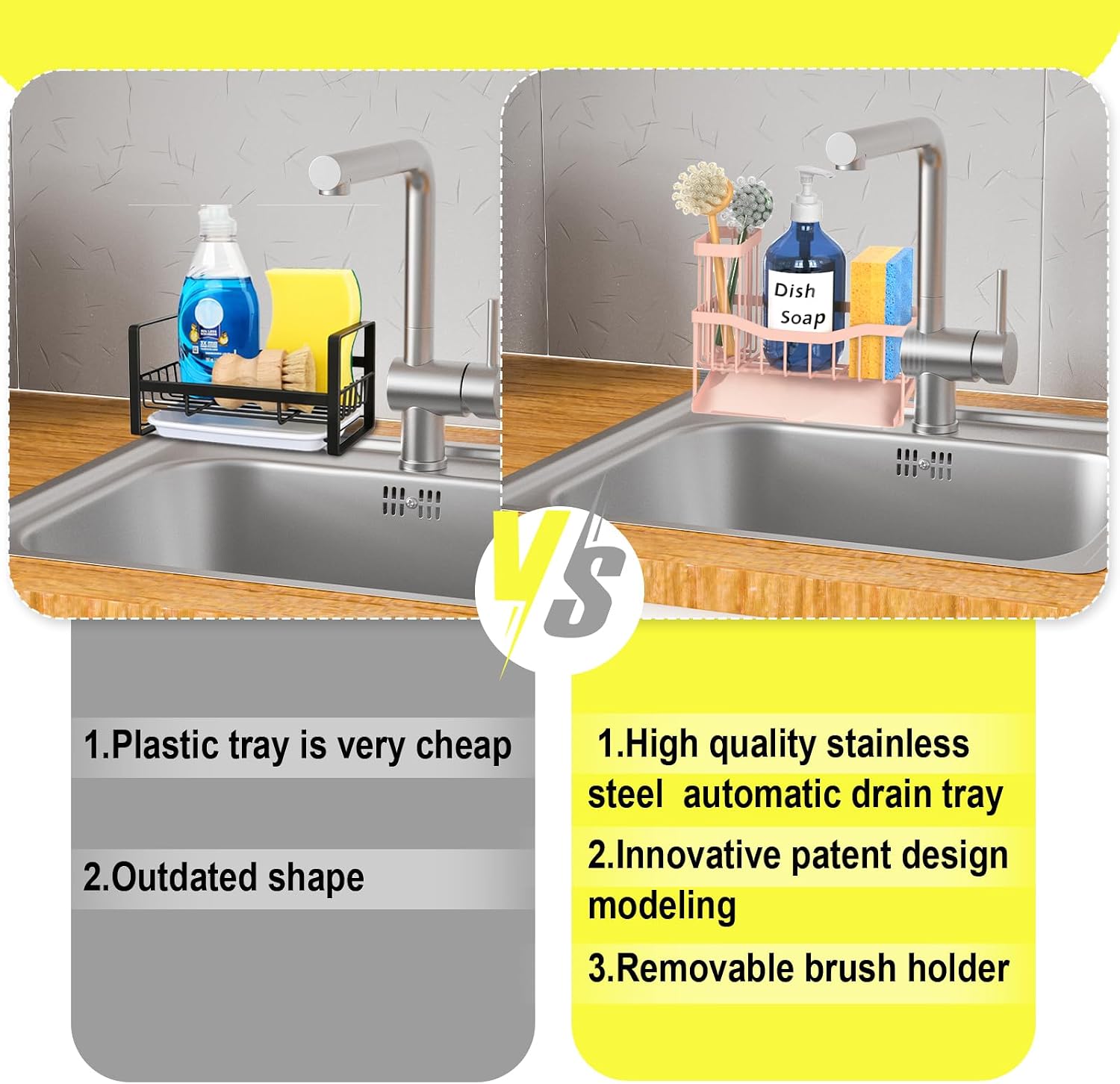Fssvcd Maifan Sink Caddy Sponge Holder for Kitchen with Brush Holder and Stainless Steel Self Drain Tray, Rustproof Kitchen Sink Organizer for Sponge, Soap Dispenser Storage Accessories Pinky White image 4