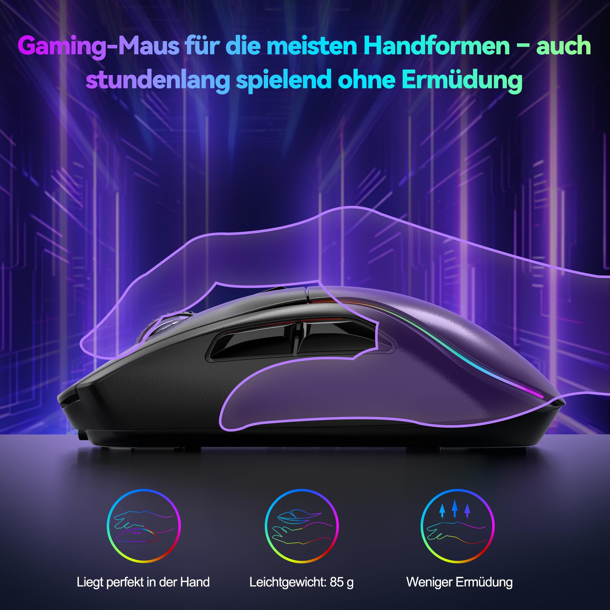 TECKNET Gaming Maus Kabellos, 24K DPI Sensor, RGB Wiederaufladbare Maus mit 100 Std. Akkulaufzeit, 2.4G/USB-C/Bluetooth Ergonomische Gaming Mouse mit 6 Programmierbare Tasten, 300 IPS für PC/Mac Gamer