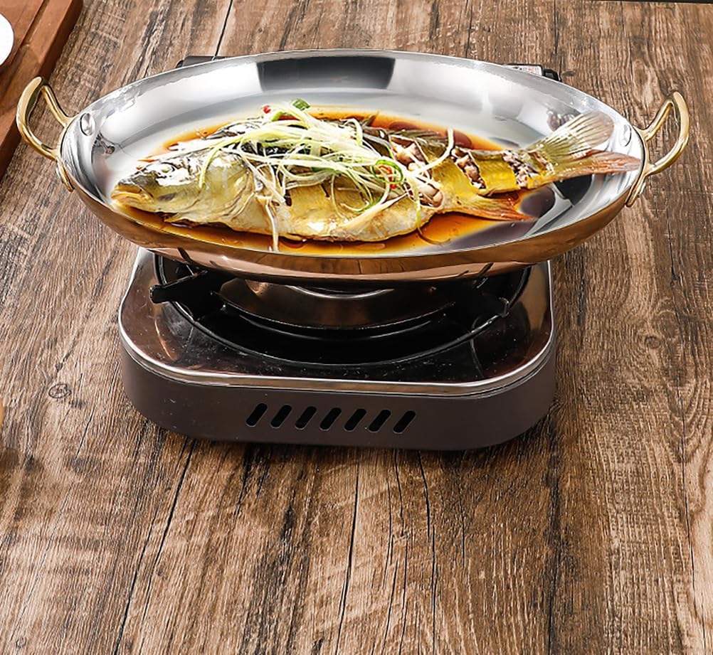 Oval Spanish Paella Pan Stainless Steel Spanish Paella Pan,Cooking Skillet Cookware with Dual Handle Spanish Seafood Lobster Plate for Home Cooking Cookware Kitchen,Silver,30CM/11.8 inches