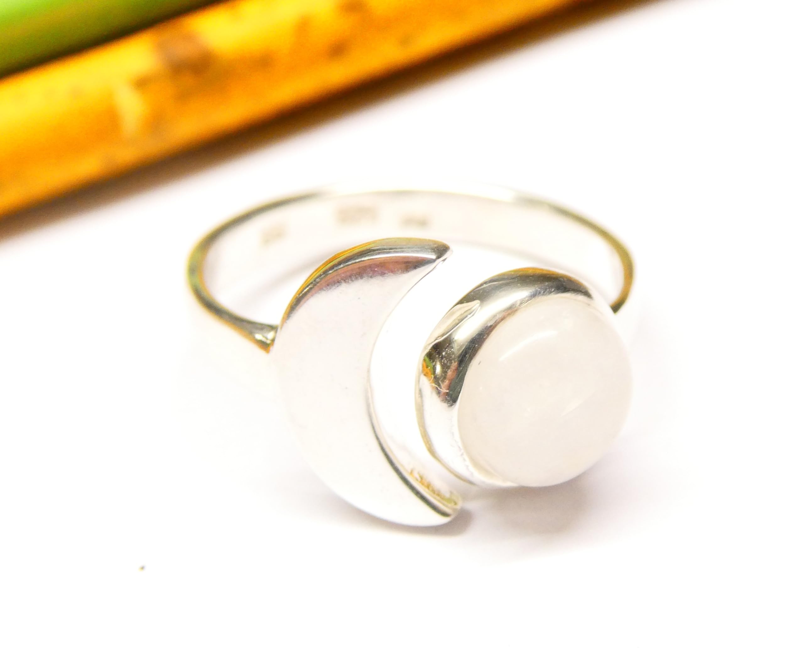 Damenring aus 925 Sterlingsilber, Motiv Orbit mit echtem Mondstein, offener Ring Ringgröße 58-18,5