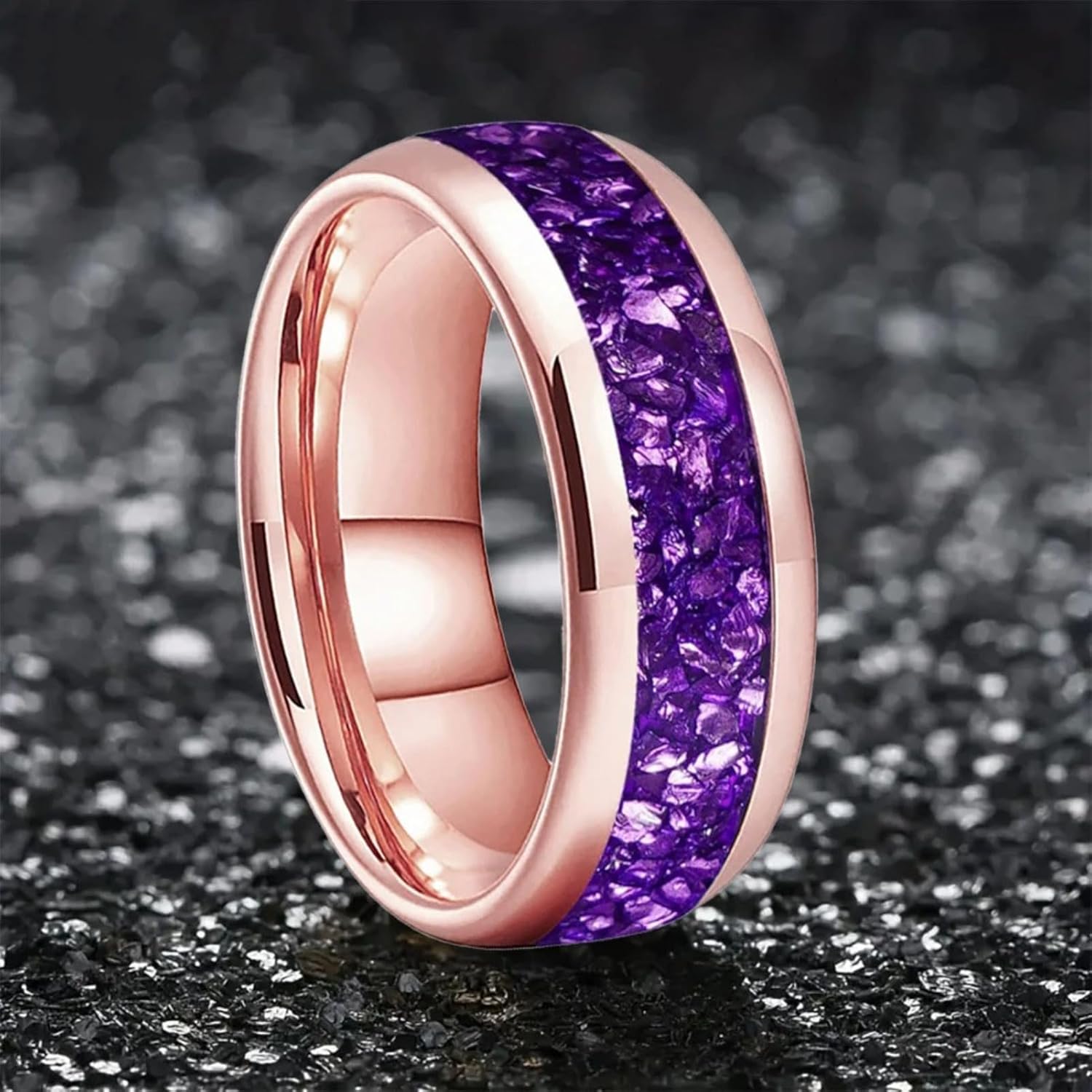 8MM Men's and Women's Wedding Tungsten Ring Purple Crystal Stone Inlaid Comfortable Fit