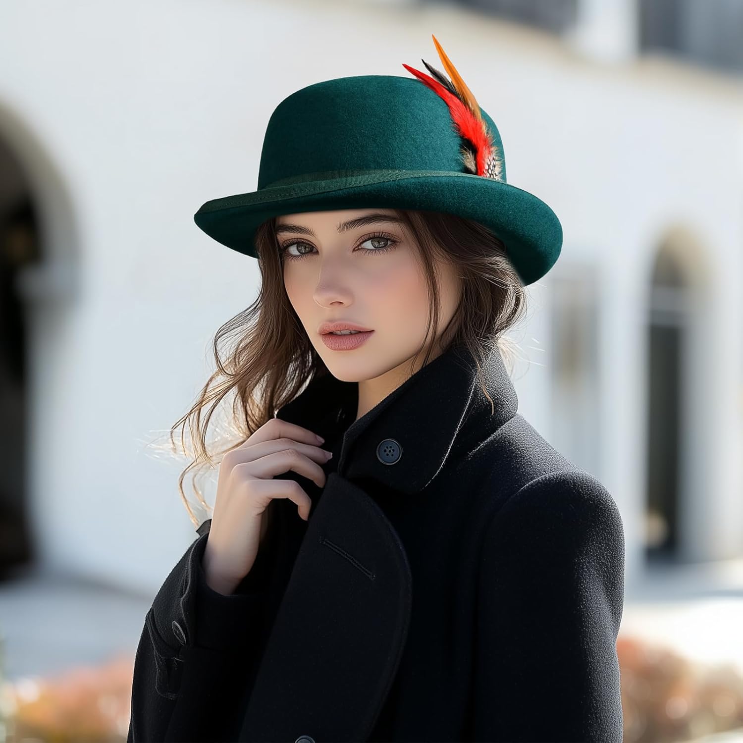 Mens Bowler Hat 100% Wool Black Womens Derby Hats with Feather Costume Hats Short Brim Felt Fedora Hat Dress Up