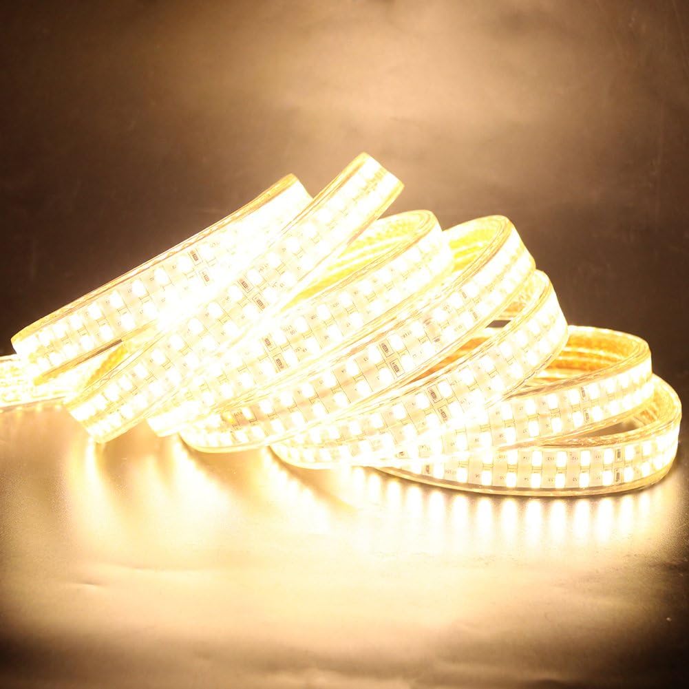 13ft Dimmable Waterproof LED Strip Rope Light with Dimmer US Plug, Double Row SMD 5730 AC 110V 240 LEDs/m Flexible LED Strip Lights for Garden Outdoor Home Decoration(Warm White)