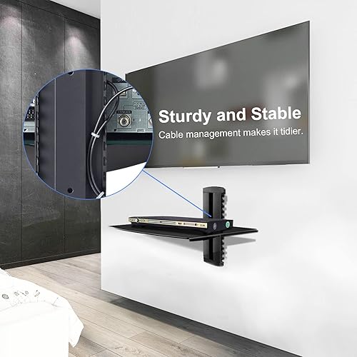 Miniatura 9 de suptek Estante flotante de vidrio, estante multimedia de 1 nivel para accesorios de TV, soporte de montaje en pared negro plano, capacidad de peso