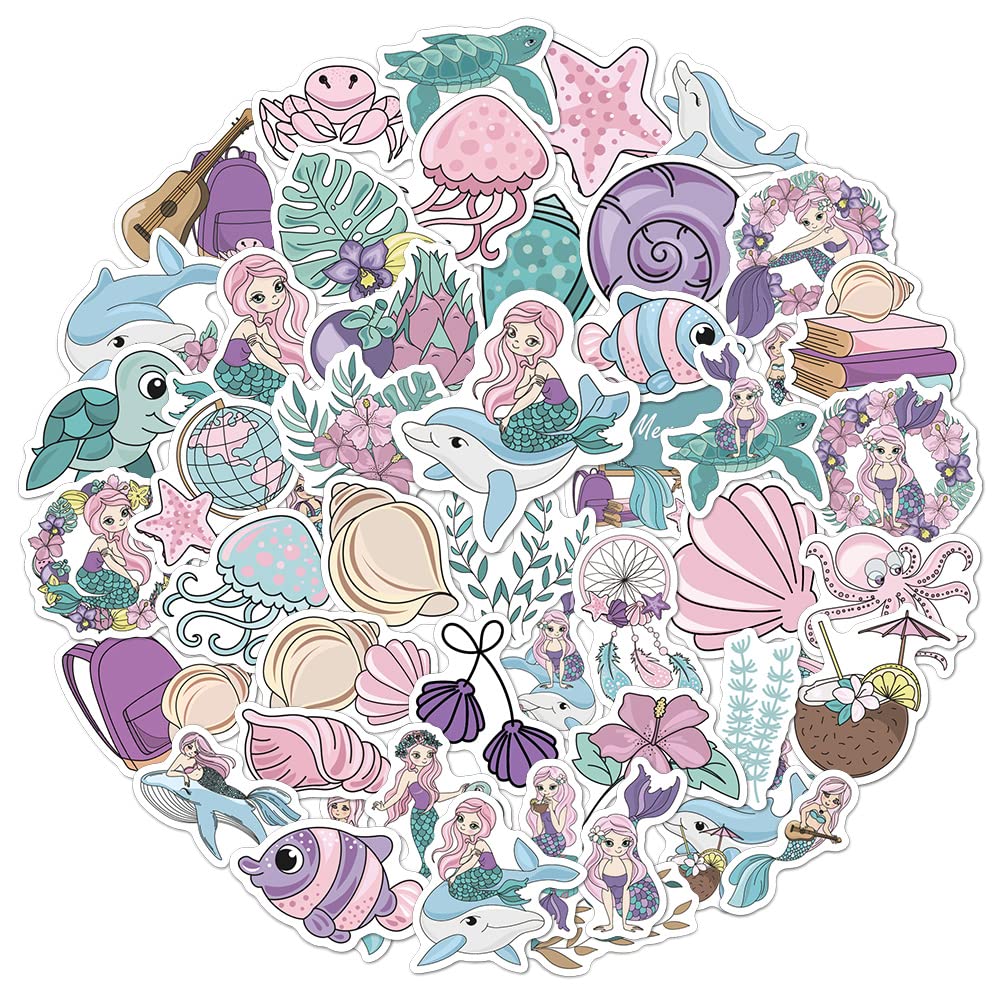 Cute Cartoon Mermaid Stickers Pack for Teens Boys Girls Kids|50 Pcs|Aesthetic Waterproof Vinly Stickers for Laptop Tablet Hydroflasks Water Bottles
