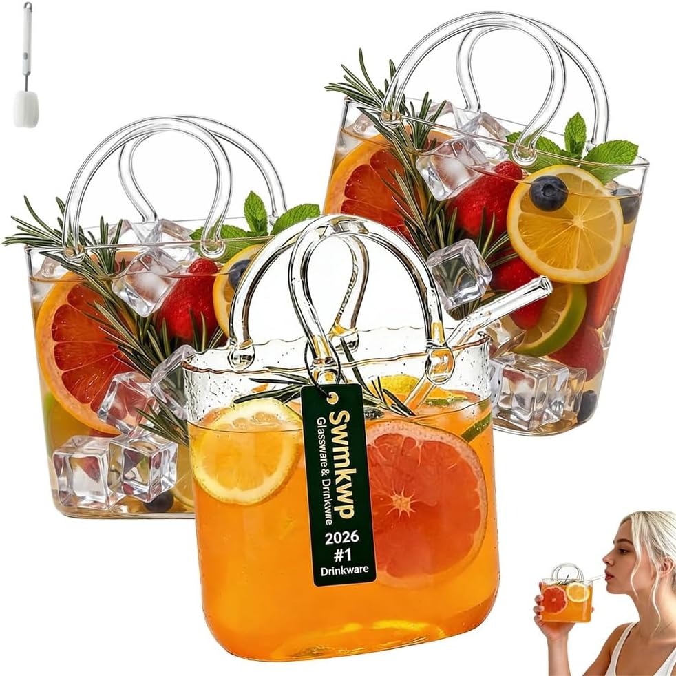 Glass Purse for Drinks with Straw Purse Drinking Glass Unique Wine Glasses with Straw Decorative Fish Bowl Vase Handbag Vases Cup Cute Room Decor for Fruit Juice Tea Coffee Flower
