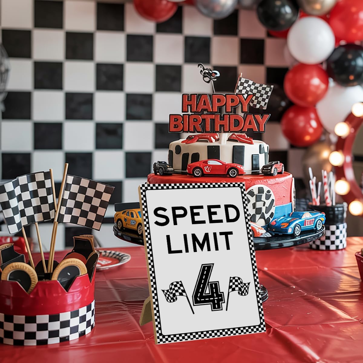 Speed Limit 4 Sign, Race Car Birthday Decor, Race Car Birthday Party Decorations for Boy Race Fans Decor Gifts, Wooden Sign with Stand 8 x 11 Inch Flag image 4