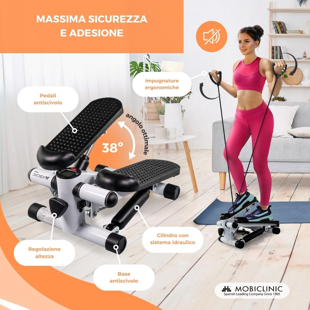 Mobiclinic® Fitness, Stepper, 2 en 1, Step Plus, Cordes de résistance, Multifonction, Bras et Jambes, Ecran LCD, Charge 100 kg, Compact, Home Gym, Hauteur réglables