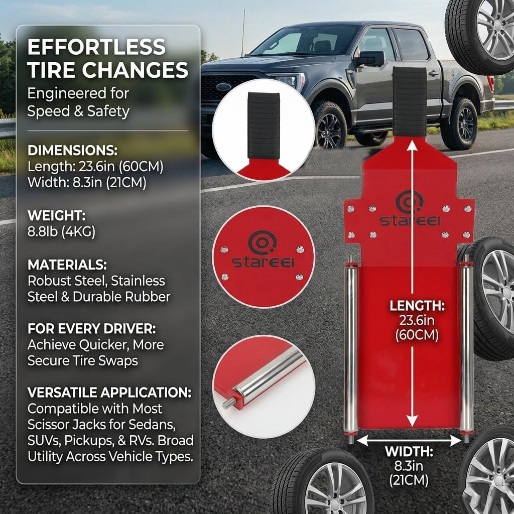 Upgraded Portable Tire Lifting Tool with Roller Plate, Trac Tire Jack Tool- Effortless Tire Jack for Tire Changing and Positioning, Fits Cars, SUVs and Off-Road Trucks