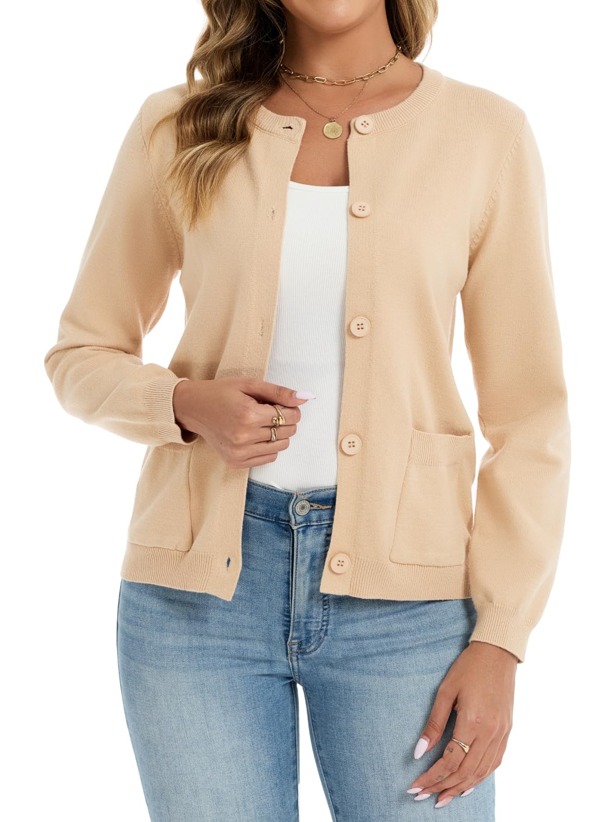 Dosieyeo Damen Strickjacke Langarm Rundhals Kurz Feinstrick Cardigan mit Knopfleiste Taschen Casual Weiche Dünne Strickweste
