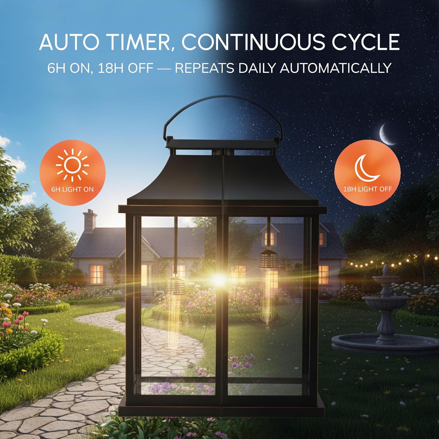 Modern Farmhouse Lanterns, Black Plastic Clear Glass Shade Lanterns Decor –3AA Battery Powered, with 2 G100 LED Vintage Bulbs & Timer(6/18),Ideal for Porch, Patio, Indoor Tables & Mantelpiece.