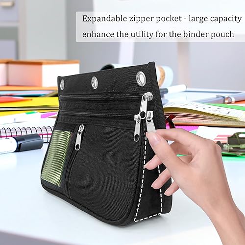 Miniatura 4 de Estuche de gran capacidad para carpeta de 3 anillas, bolsas expandibles con cremallera, 3 compartimentos para organizadores de oficina (negro)