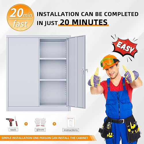 Miniatura 6 de INTERGREAT Armarios de almacenamiento de metal para garaje con cerradura, armario de almacenamiento con cerradura con 2 puertas de bloqueo y 2