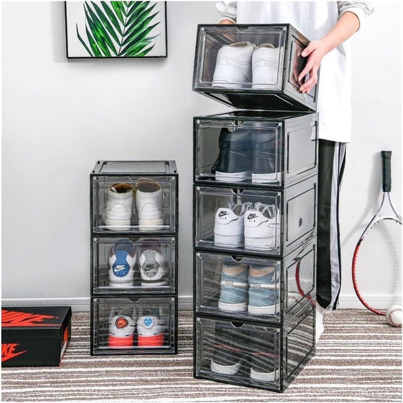 For Sneaker Display & Closet Storage, Thick & Clear Magnetic Shoe Organizer, 6-Pack – Stackable Plastic Boxes(10-GRAY)