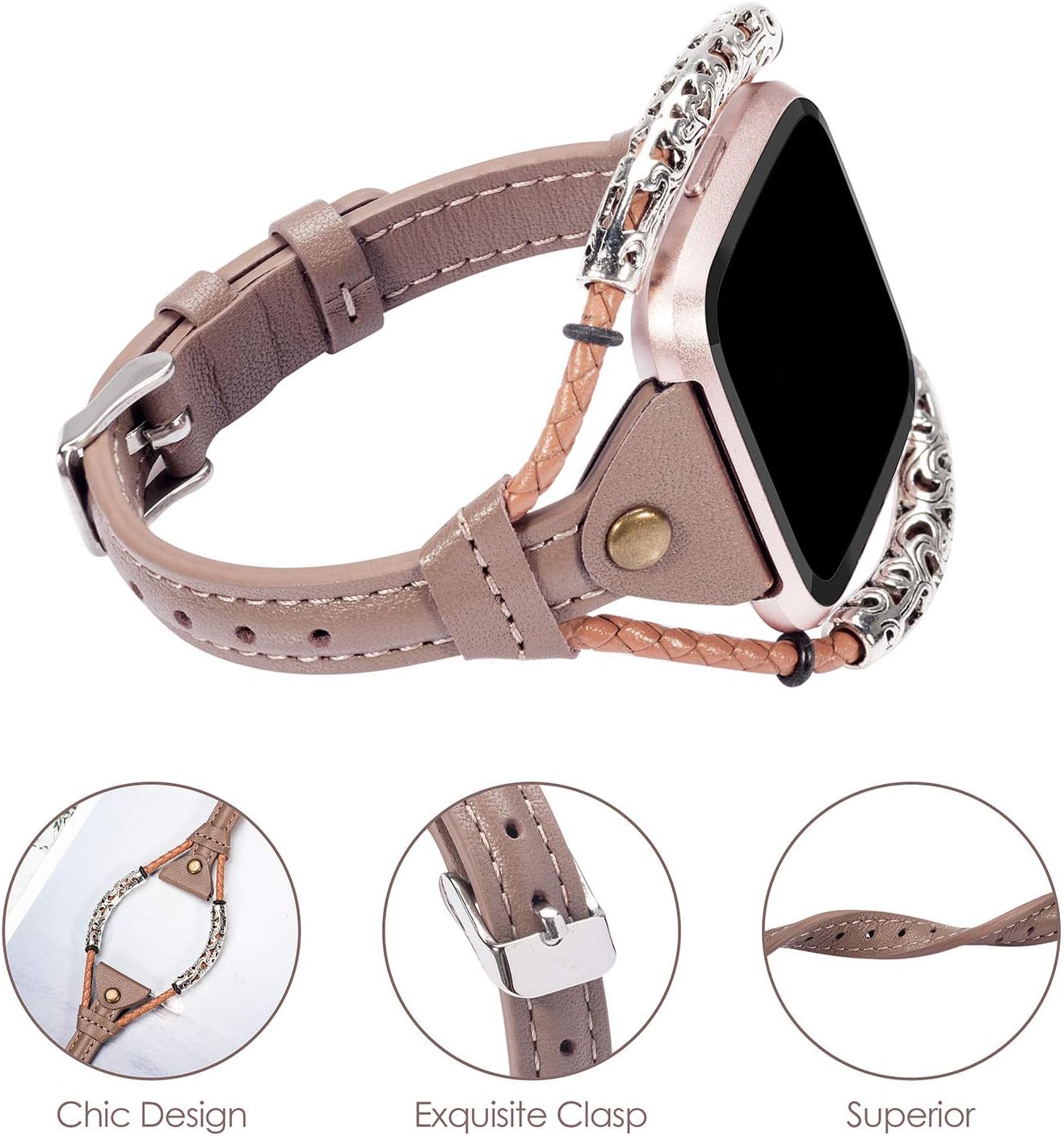 TOYOUTHS Leather Strap Compatible with Fitbit Versa/Versa 2 Bands Women Slim Genuine Leather Wristbands Replacement Versa Lite Special Edition Dressy Handmade Accessories (Taupe)