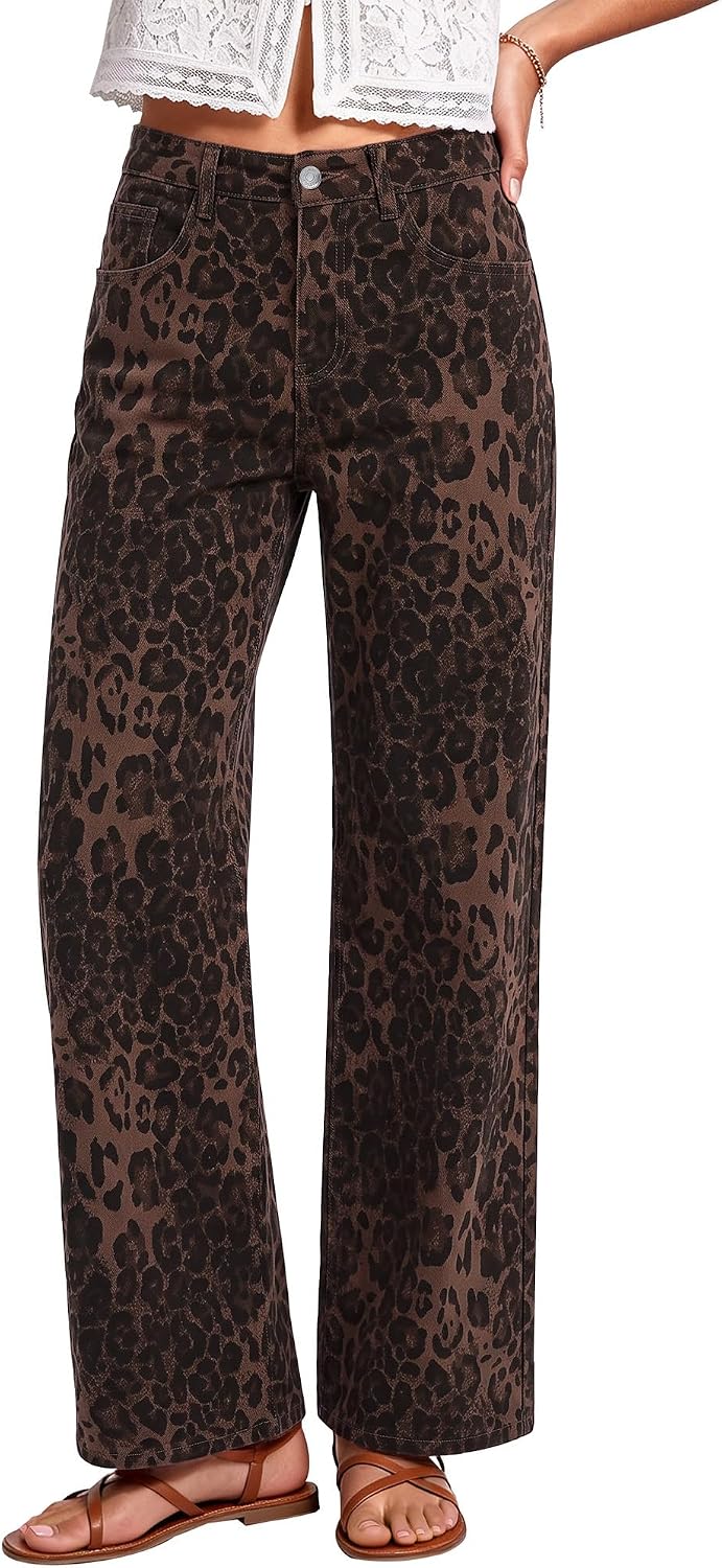 luvamia Wide Leg Jeans for Women High Waisted Leopard Cheetah Denim Pants