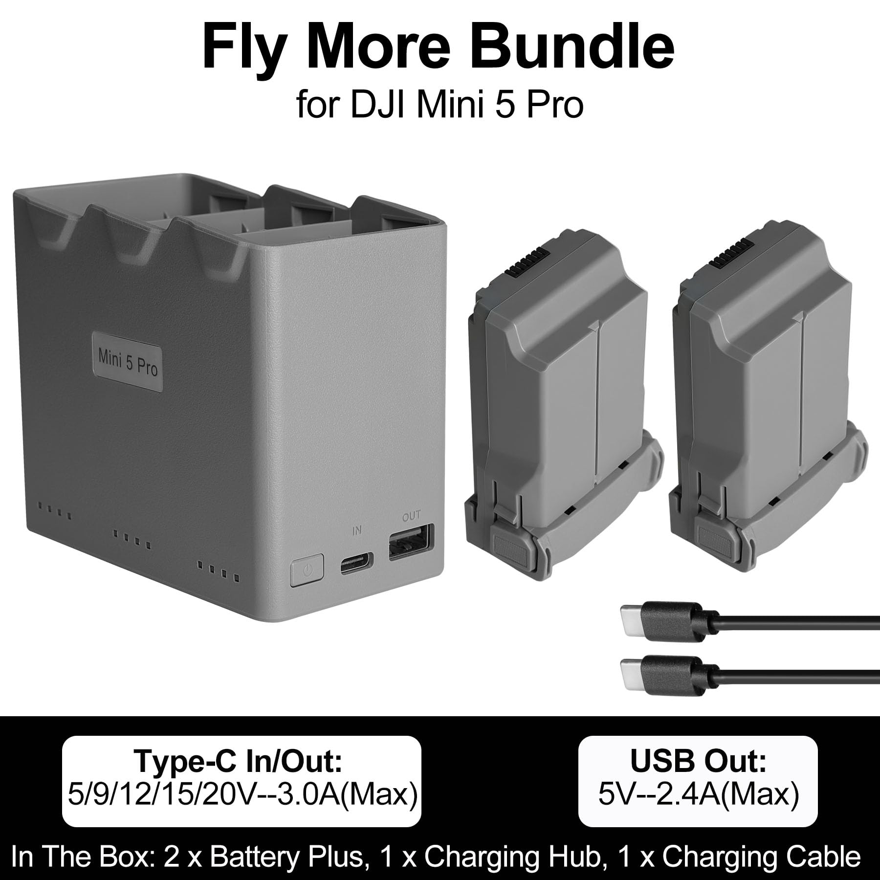 Paquete de 2 baterías Mini 5 Pro y concentrador de carga, paquete Fly More para DJI, 5000 mAh, 7.16 V-35.8 Wh, vuelo máximo de 52 minutos [cargador 3 en 1 + 2 baterías]