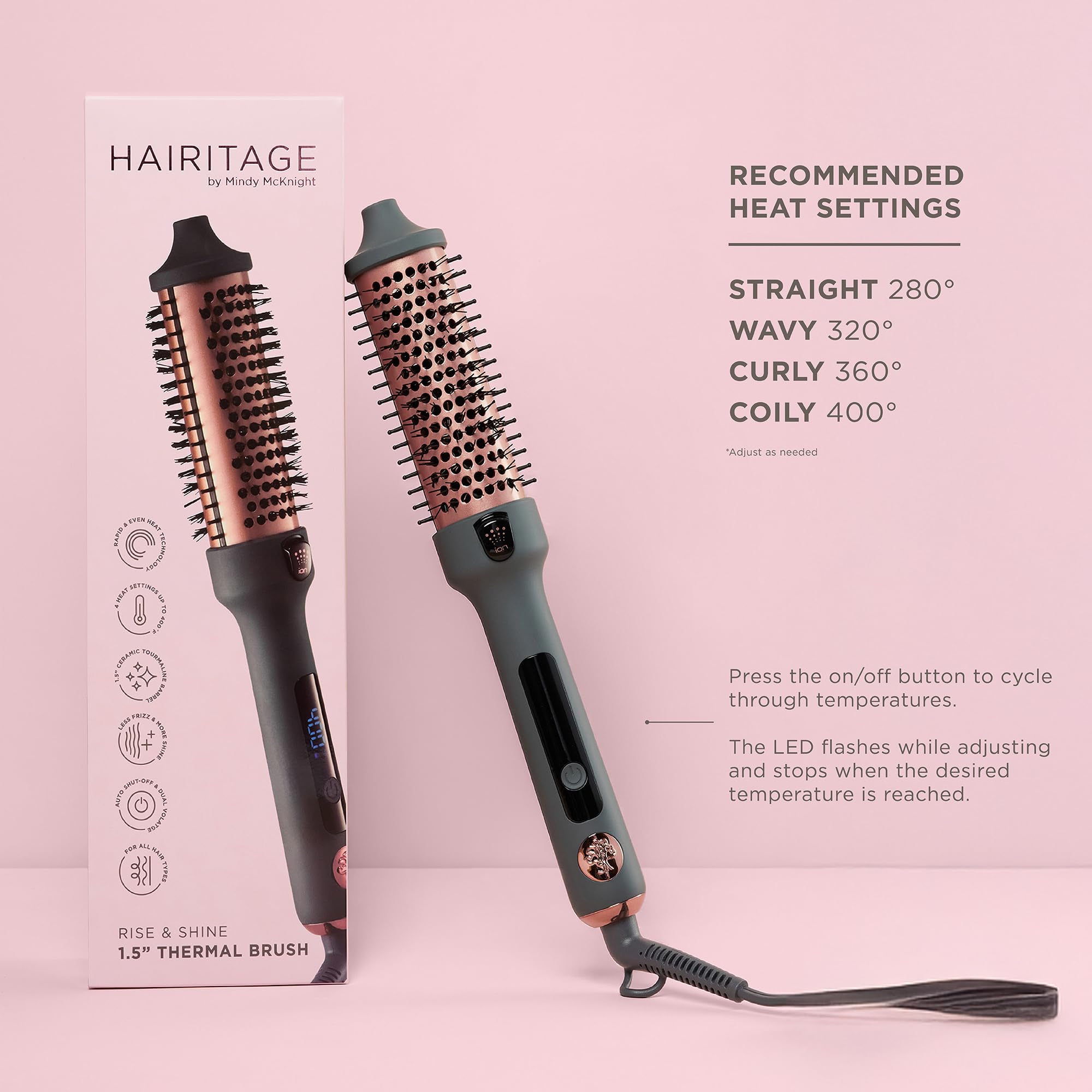 Hairitage Heated Curl Brush, 1.5-Inch Ceramic Tourmaline Thermal Brush