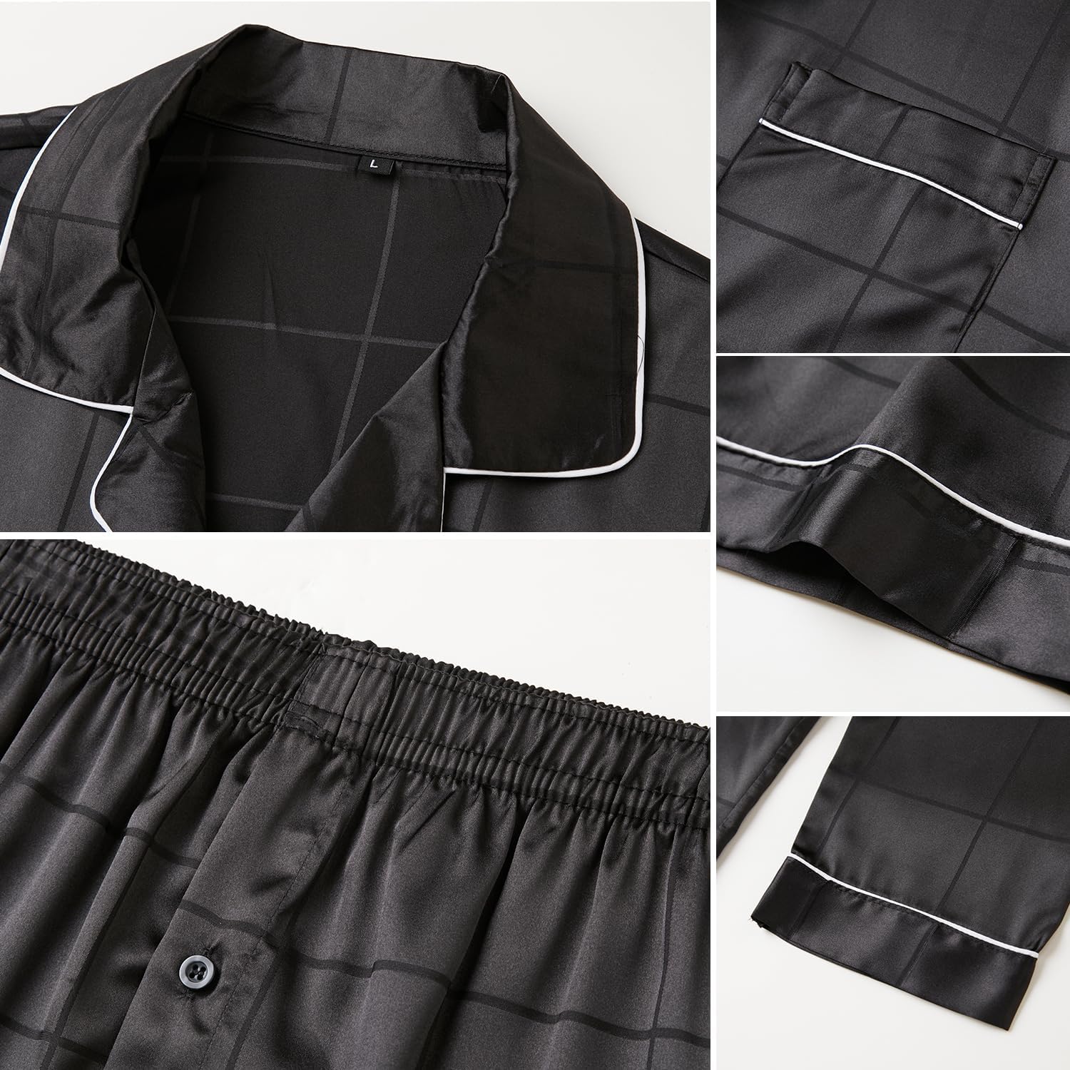 JupiterSecret Mens Silky Satin Pajamas Set Long Sleeve Button-Down Luxurious Pj Two-piece Sleepwear with Long Pants