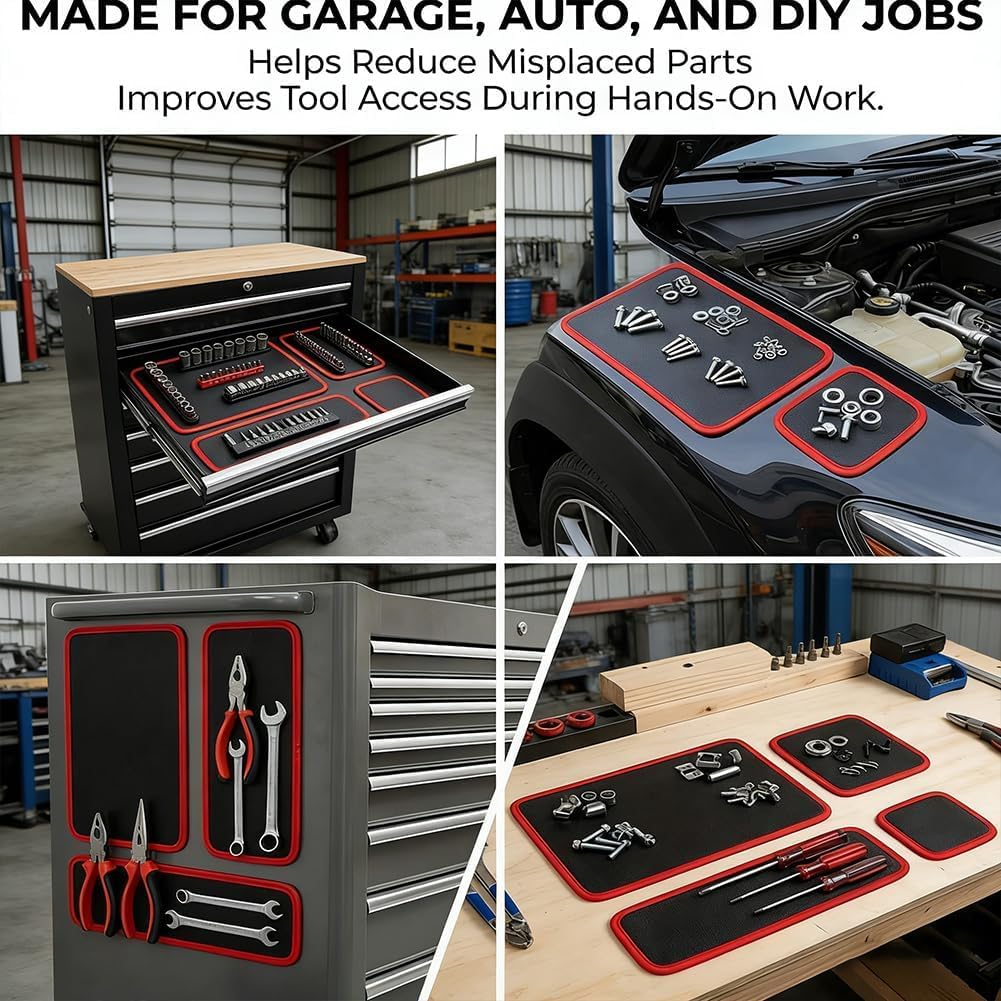 Magnetic Pads For Tools, 2026 New Flexible Magnetic Tool Mat & Tray Set, Heavy Duty Silicone Tool Holder Mat, For Screws Bolts Nuts Wrenches Parts, Garage Workshop Auto Repair (Red, Set)