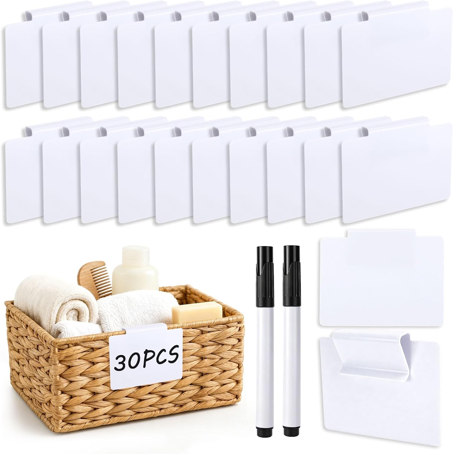 32 Pcs Basket Labels Clip On Set Reusable, Erasable PVC Kitchen Clip Label Holder, Removable Storage Bin for Basket Pantry Organization Box Tags (2 Black Markers)