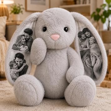 VEELU Personalized Photo Bunny Pillow with Hidden Ear Pictures, Custom Bunny Keepsake, Personalized Stuffed Bunny Gift for Couples, Grandma, Grandpa, Girlfriend, Boyfriend, Anniversary, Birthday