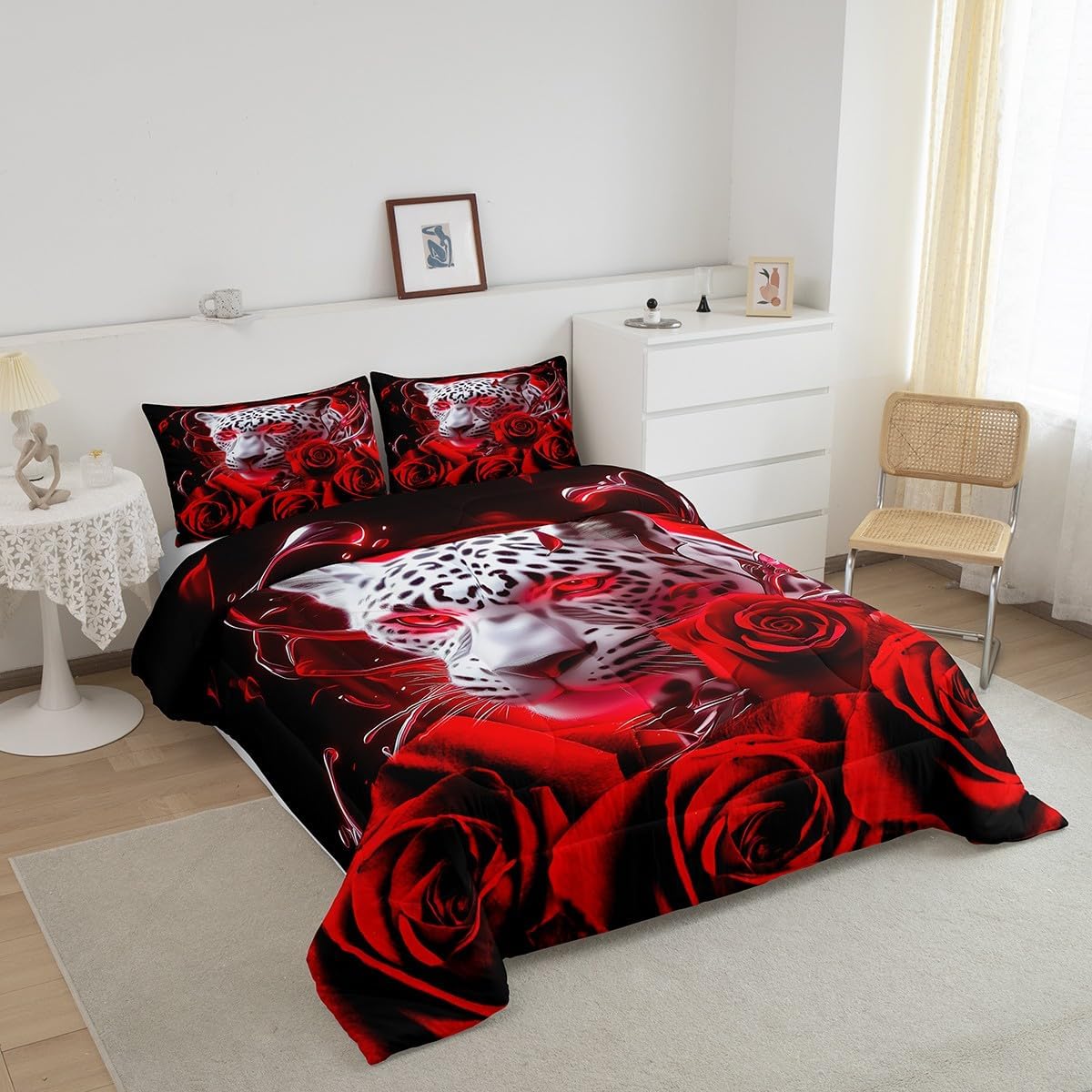 Feelyou Kids Red Rose Leopard Comforter Set Queen Size Wild Animal Printed Bedding Set for Teens Boys Girls Leopard Comforter Microfiber Bed Set