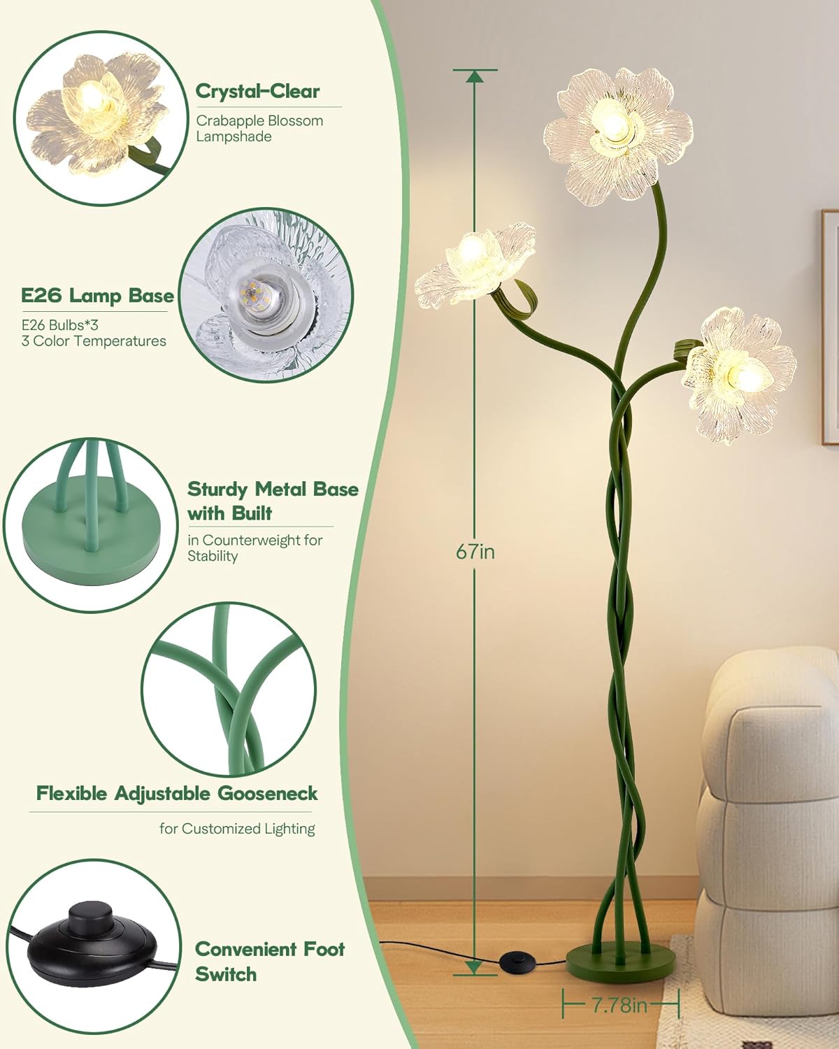 Flower Floor Lamp for Living Room, 3 Light Floor Lamps with Adjustable Gooseneck, Standing Lamp for Bedroom with 3 Color Temperatures, Tall Corner Floor Lamp for Living Room, Bedroom—Green
