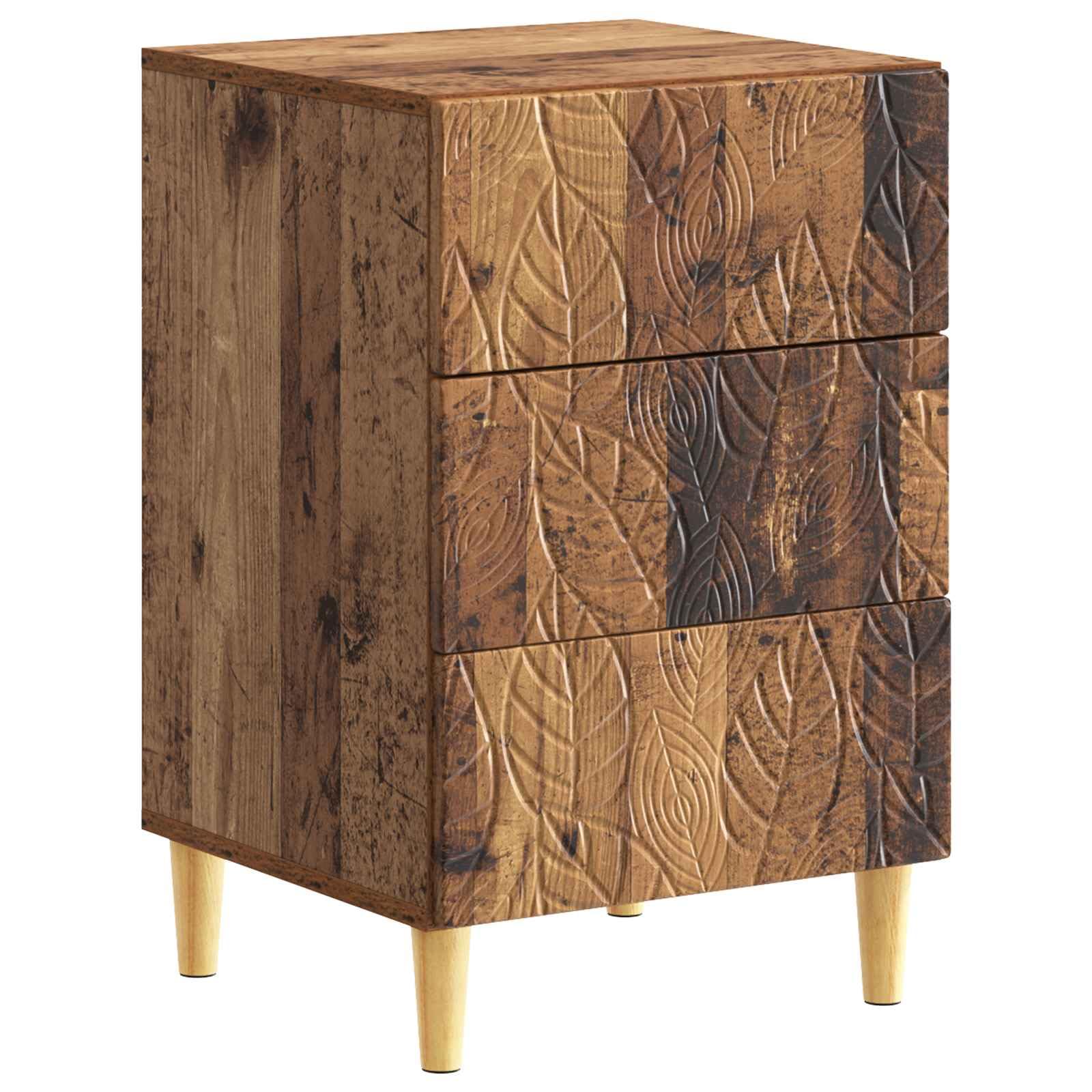 Table de chevet en bois vieilli à 3 tiroirs et pieds en eucalyptus pour rangement de chambre