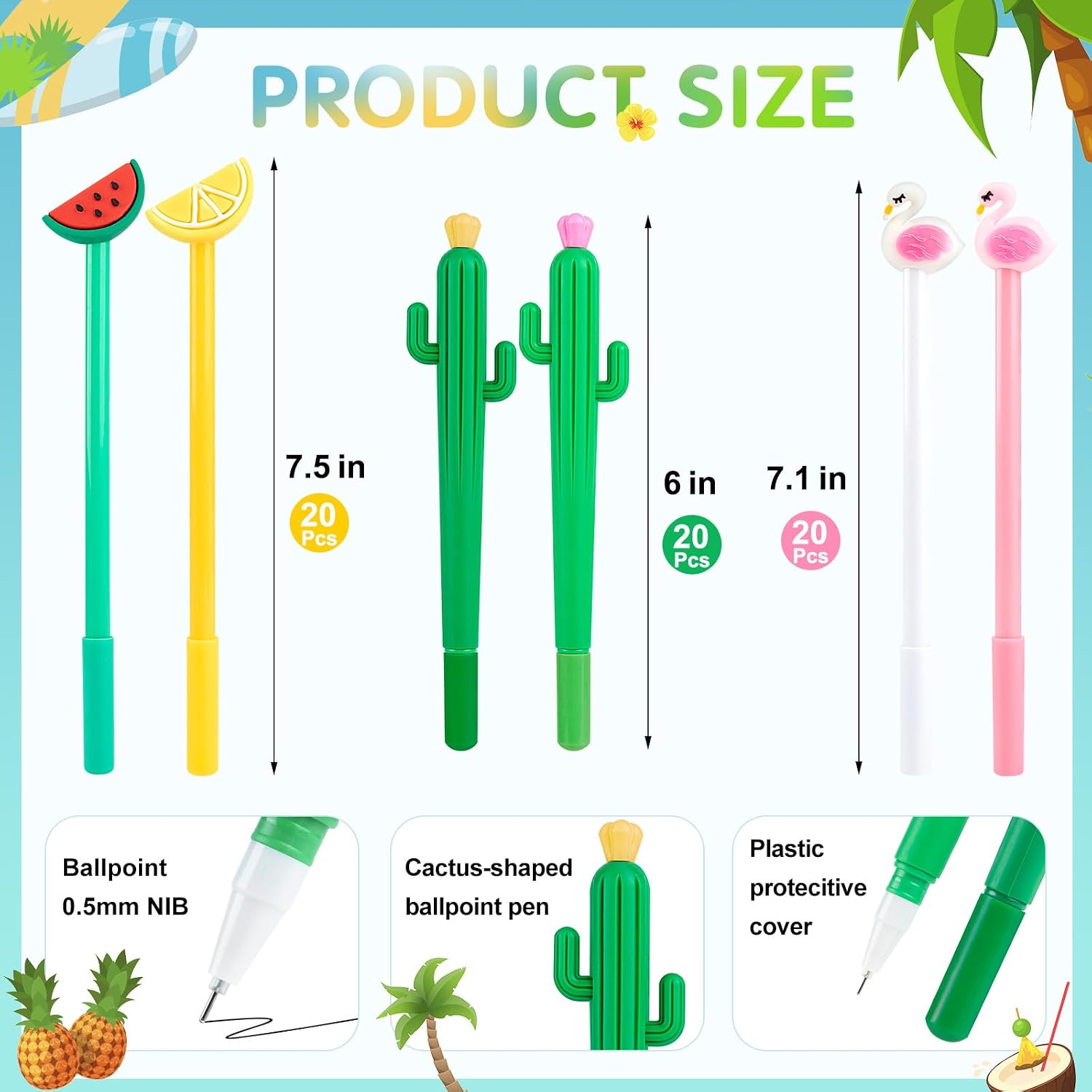 60Pcs Hawaiian Luau Ballpoint Pens, 0.5 mm Black Gel Ink Pen, Cute Flamingo Watermelon Cactus Lemon Fruit Pen for Kids Student and School Office Supplies