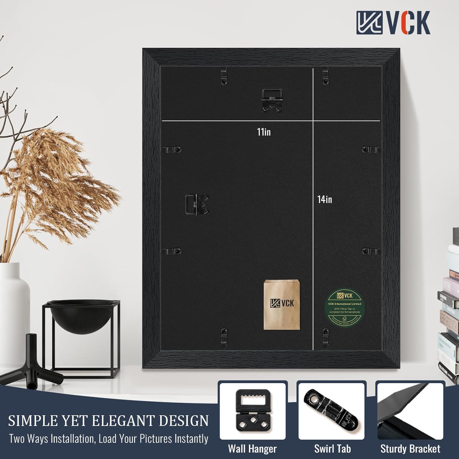 VCK 11x14 Picture Frame 4 Pack, Black Wood Poster Frame, Tempered Glass, Display Photo 8x10 with Mat or 11 x 14 Without, for Home, Office, Studio and Gallery, Wood Grain Series, Wall Hanging