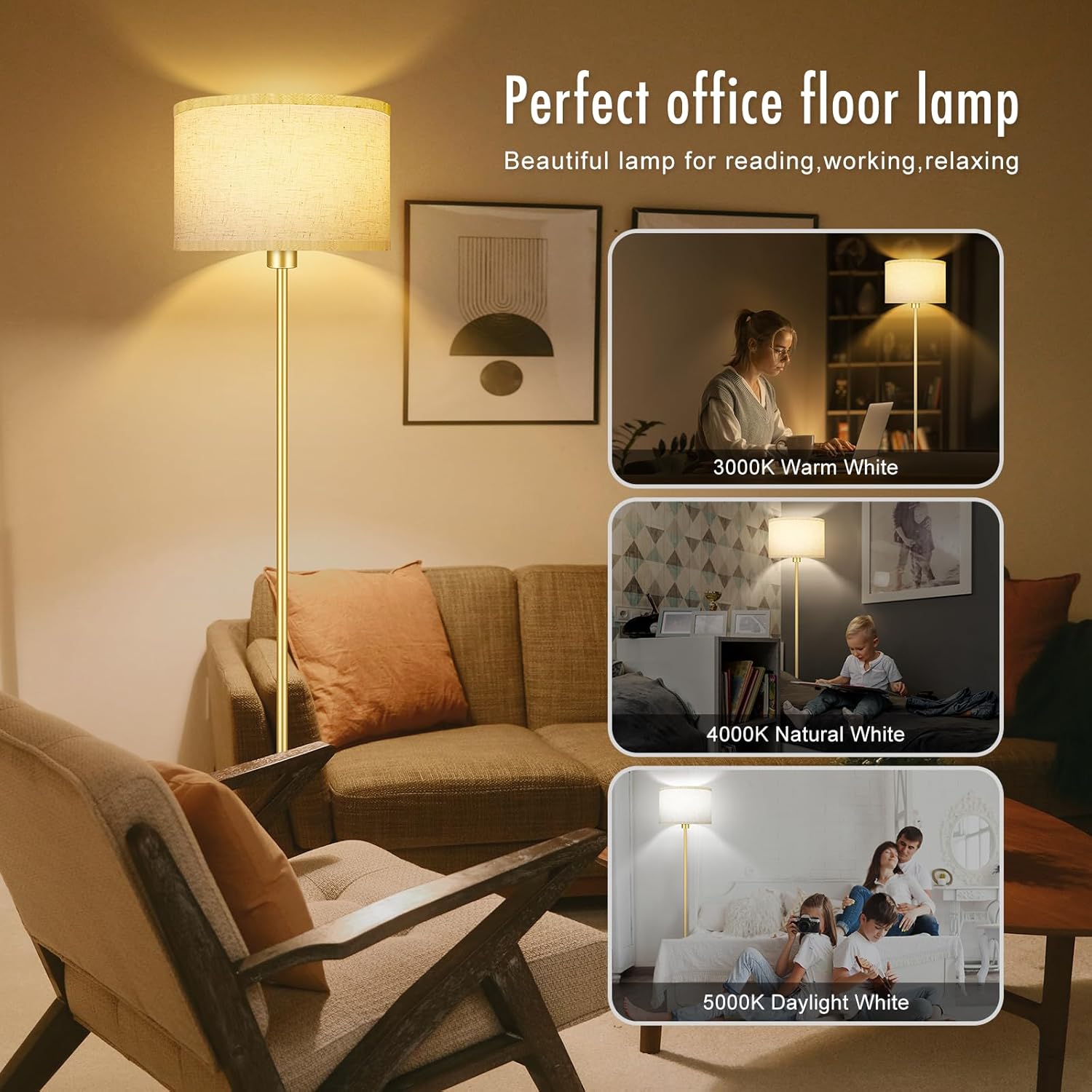 Floor Lamp Gold, Small Standing Lamp, 58" Tall Lamps with Beige Lampshade, Simple Pole Lamp for Bedroom, On/Off Footswitch, Gold Lamps for Living Room/Office/Boho,Christmas Gift for Kids(No Bulb)